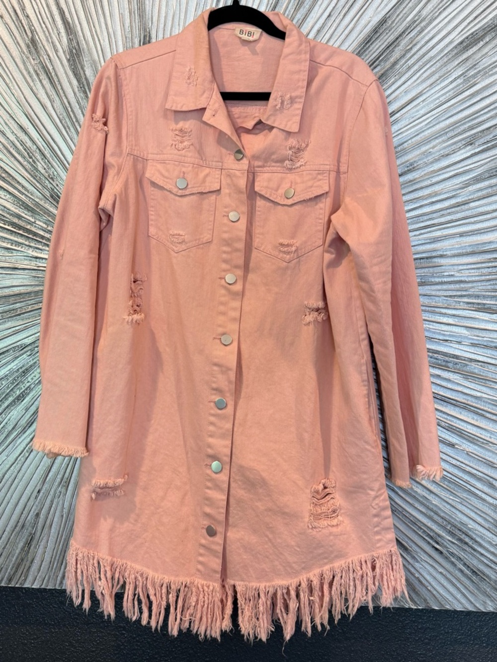 BiBi Blush Pink Distressed Fringe Denim Jacket
